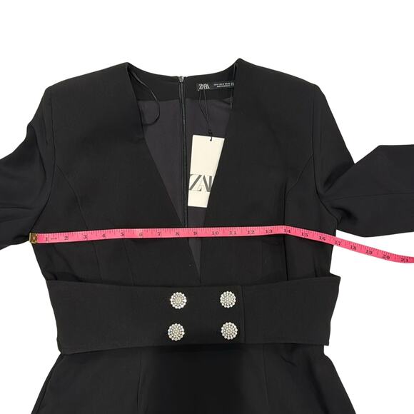 Zara NWT Black Shoulder Pads Mini Dress with Belt with Pearls & Rhinestones. - Picture 9 of 10
